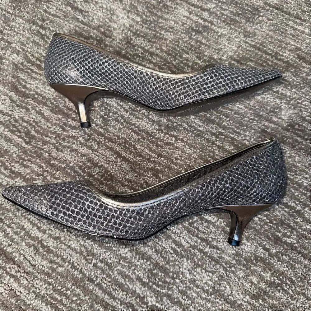 Adrianna Papell Womens Silver Honeycomb Glitter Mesh‎ Kitten Heels Size 8.5 Pump